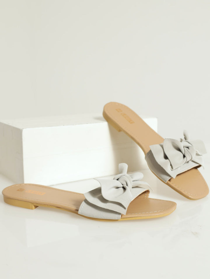 Flat One Strap Bow Push In Mule Sandal - Grey