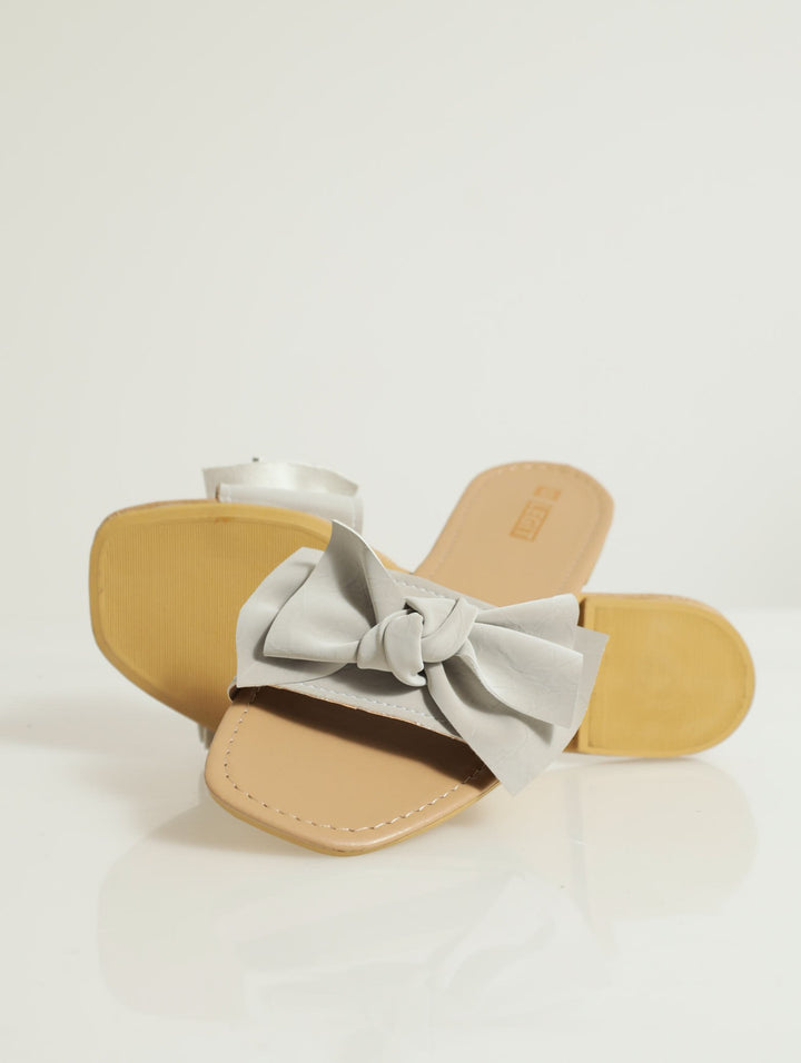 Flat One Strap Bow Push In Mule Sandal - Grey