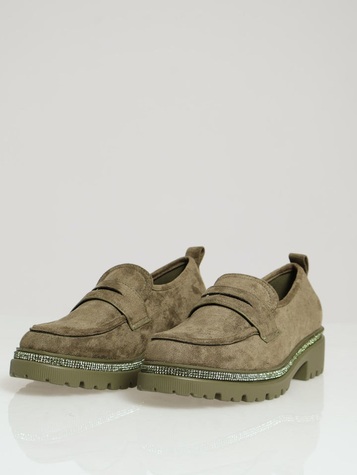 Microfibre Diamante Trim Loafer - Olive