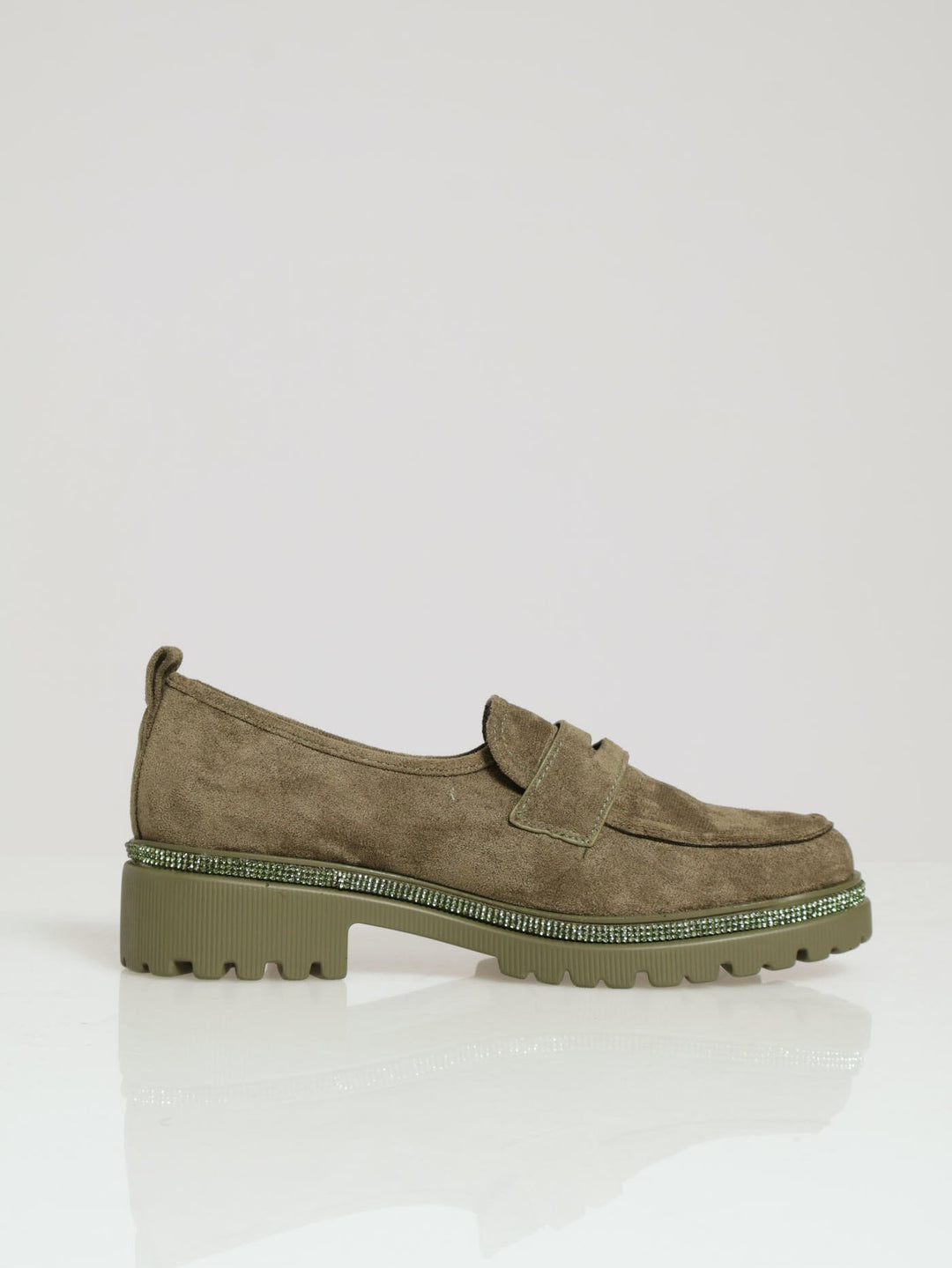 Microfibre Diamante Trim Loafer - Olive