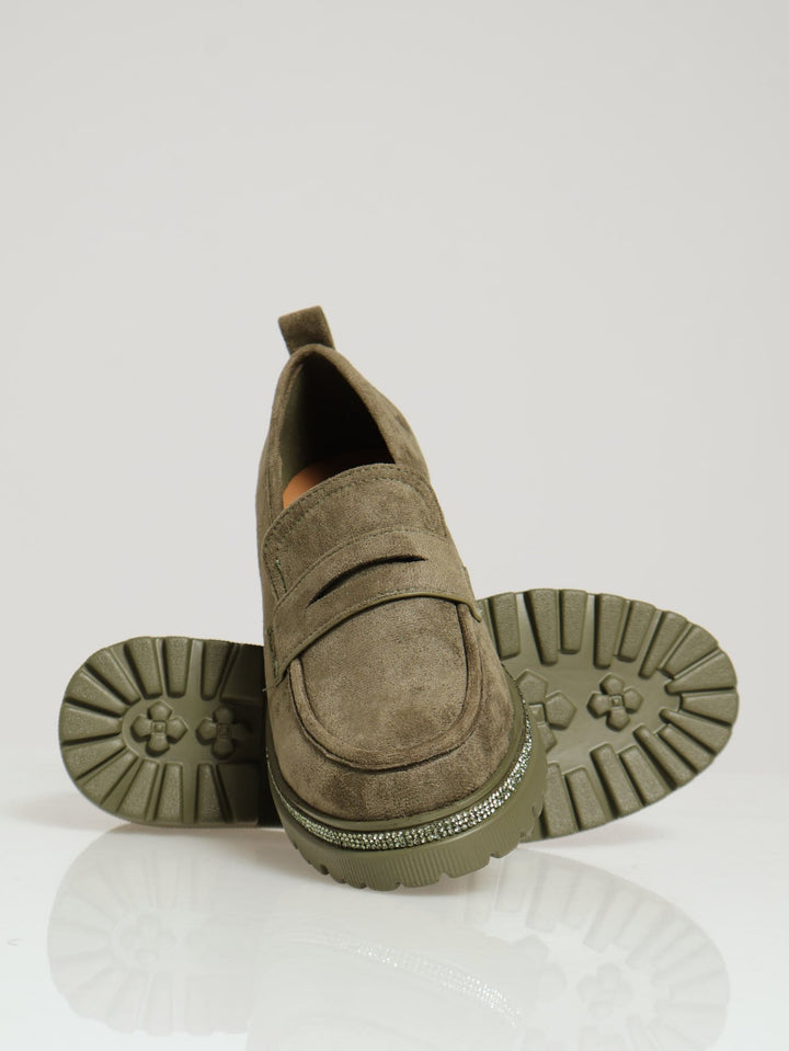 Microfibre Diamante Trim Loafer - Olive