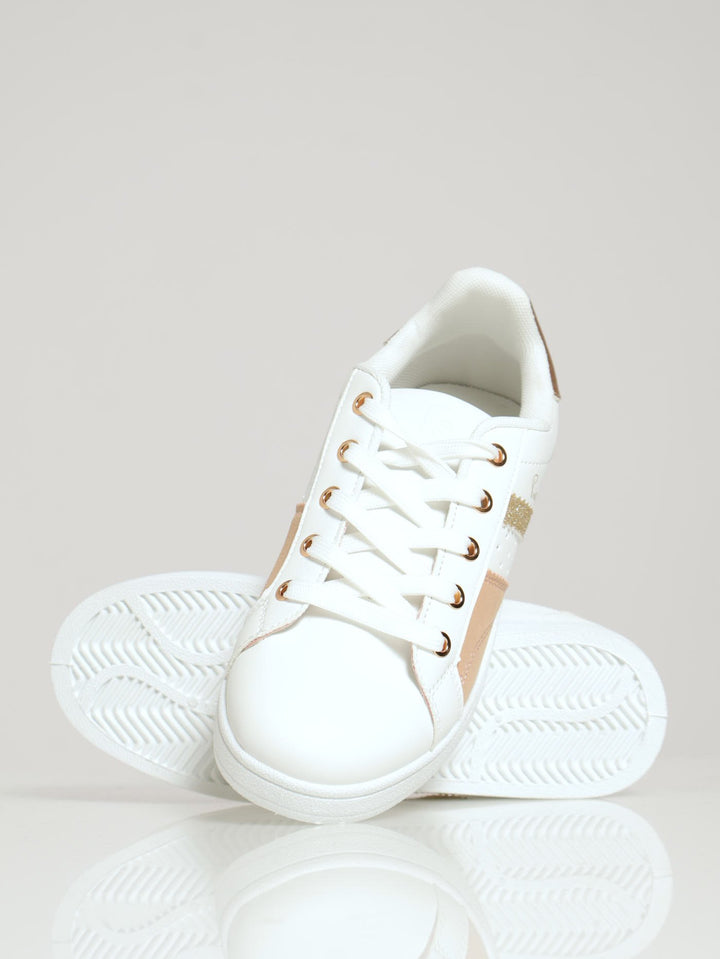 Side Panel Lace Up Sneaker - White/Gold