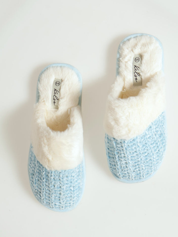 Chenille Closed Toe Slipper With Fur Topline - Blue