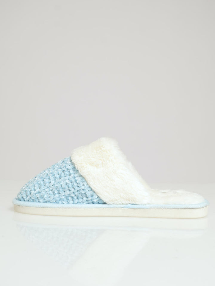 Chenille Closed Toe Slipper With Fur Topline - Blue