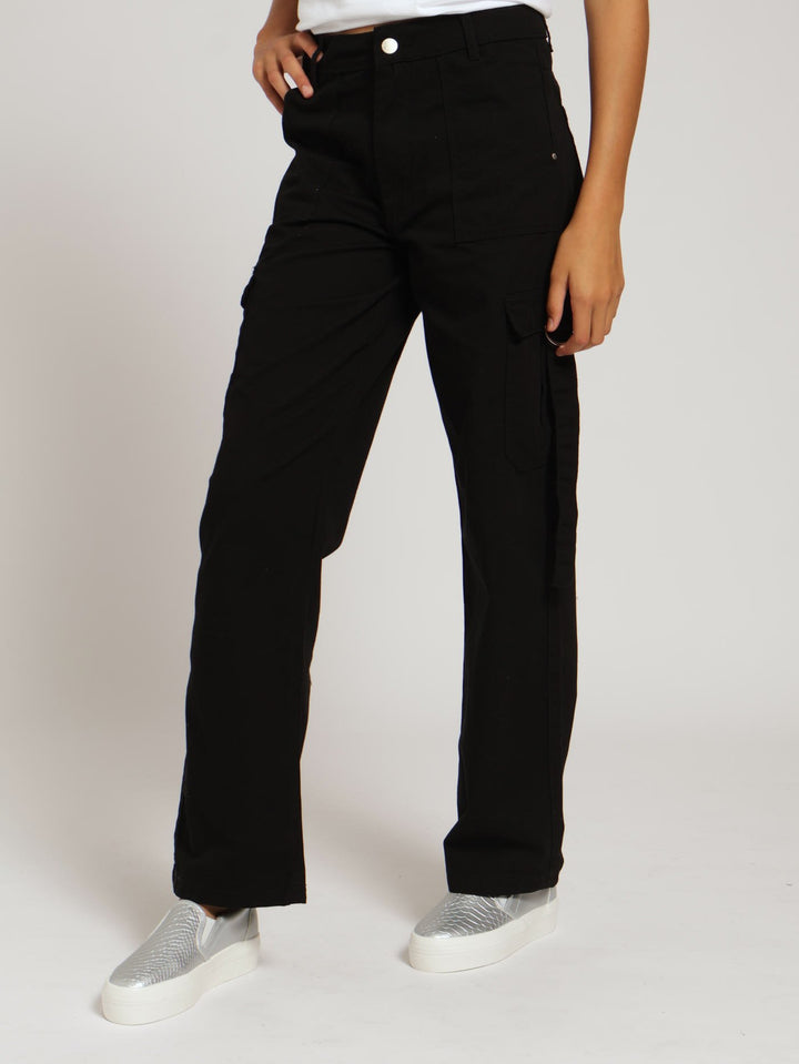 Girls Twill Cargo Pants With Straps - Black