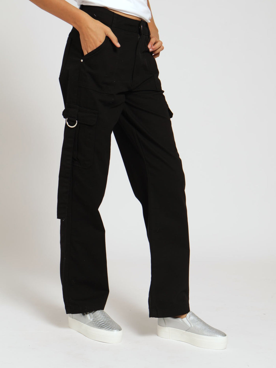 Girls Twill Cargo Pants With Straps - Black