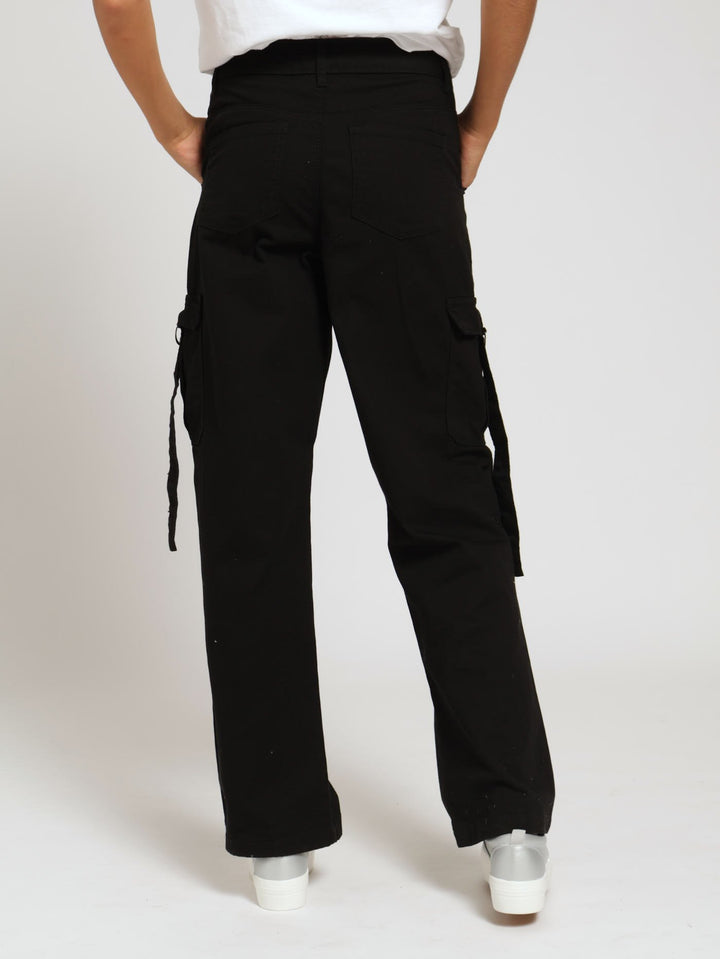 Girls Twill Cargo Pants With Straps - Black