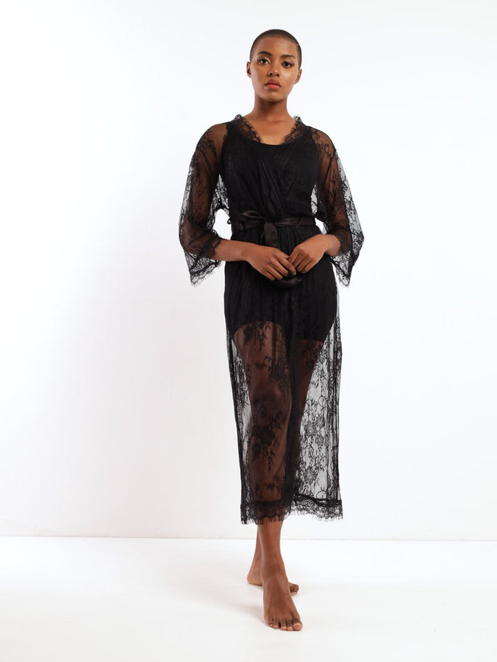 Ladies Longer Length All Over Lace Robe - Black