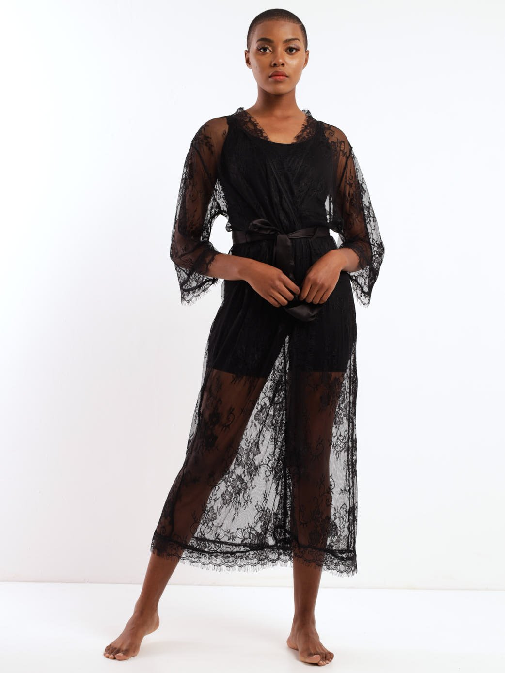 Ladies Longer Length All Over Lace Robe - Black