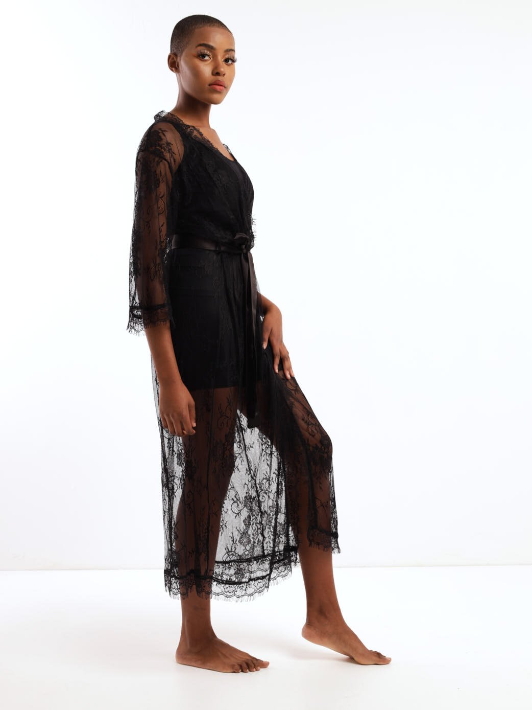 Ladies Longer Length All Over Lace Robe - Black