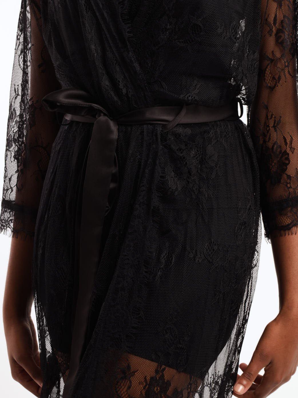 Ladies Longer Length All Over Lace Robe - Black