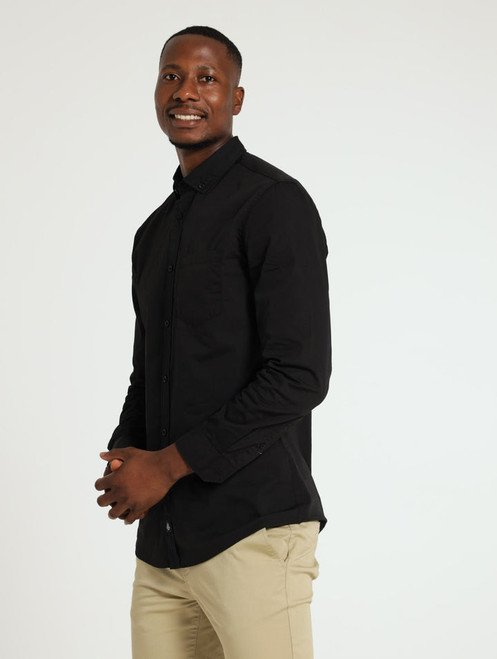 Long Sleeve Plain Poplin Shirt - Black