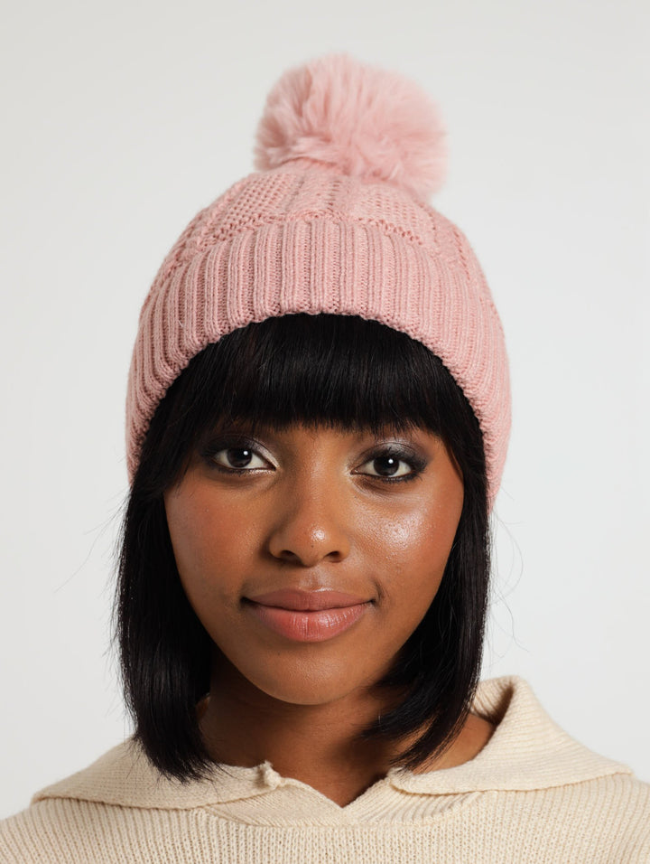 Knitted Turn Up Pompom Beanie - Dusty Pink