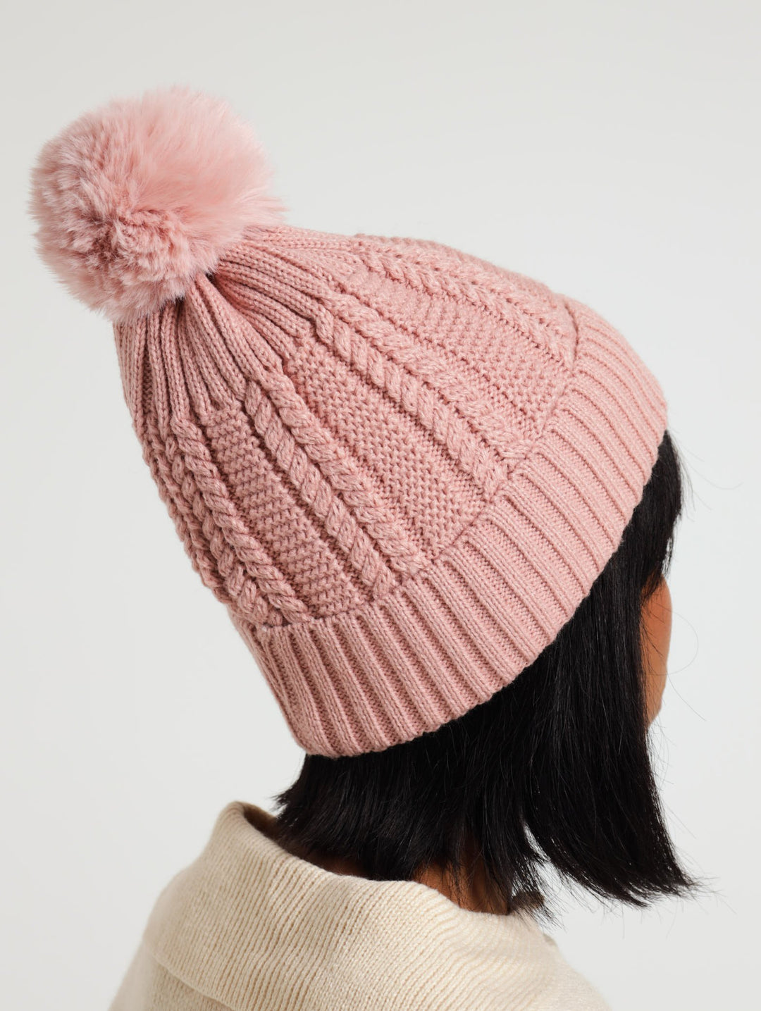 Knitted Turn Up Pompom Beanie - Dusty Pink