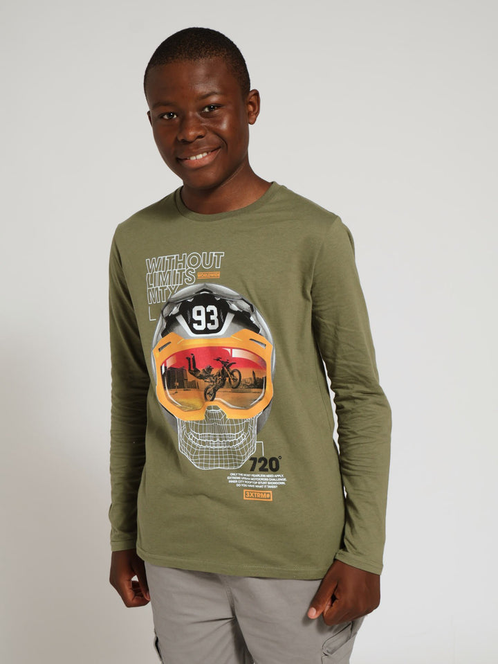 Boys Long Sleeve Skull Print Tee - Olive