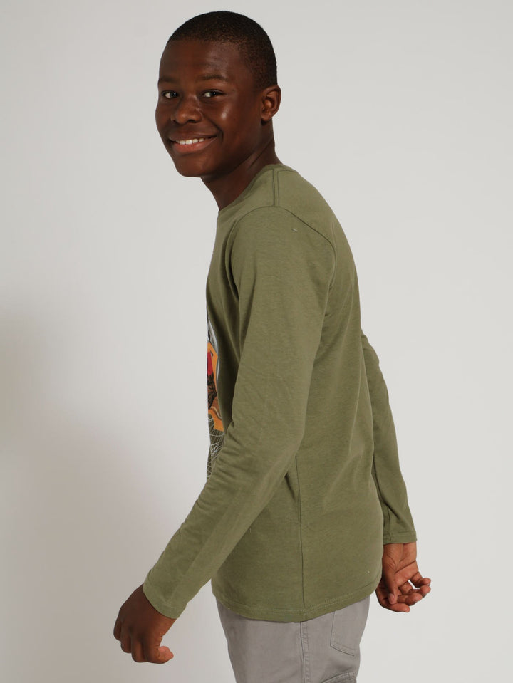 Boys Long Sleeve Skull Print Tee - Olive