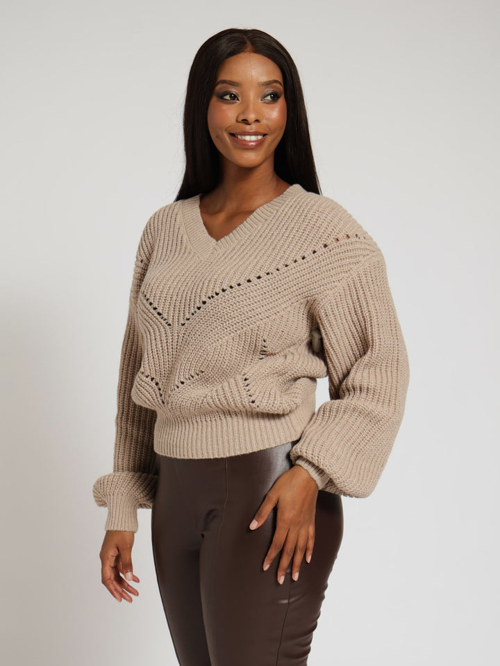 V-Neck Pointelle Detail Pullover - Taupe