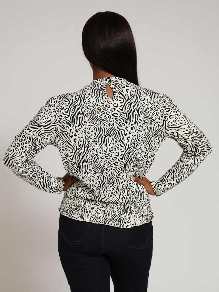 Long Sleeve Smocked Hi Neck Blouse - Black/White