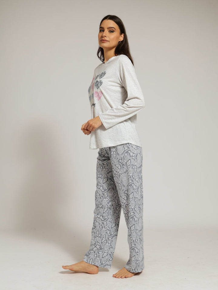 Long Sleeve Paisley Pj Top & Pant Set - Grey Melange