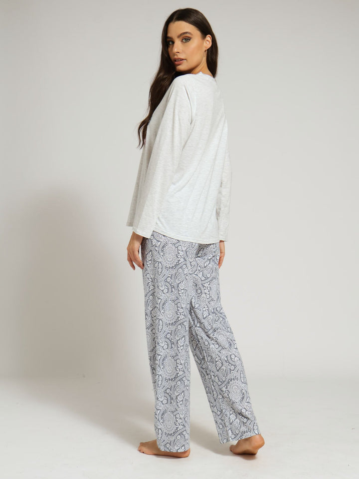 Long Sleeve Paisley Pj Top & Pant Set - Grey Melange