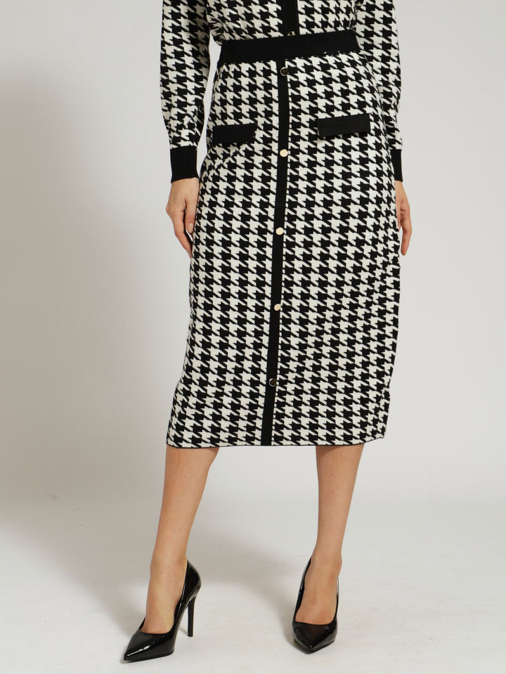 Houndstooth Knitwear Midi Skirt - Black/White