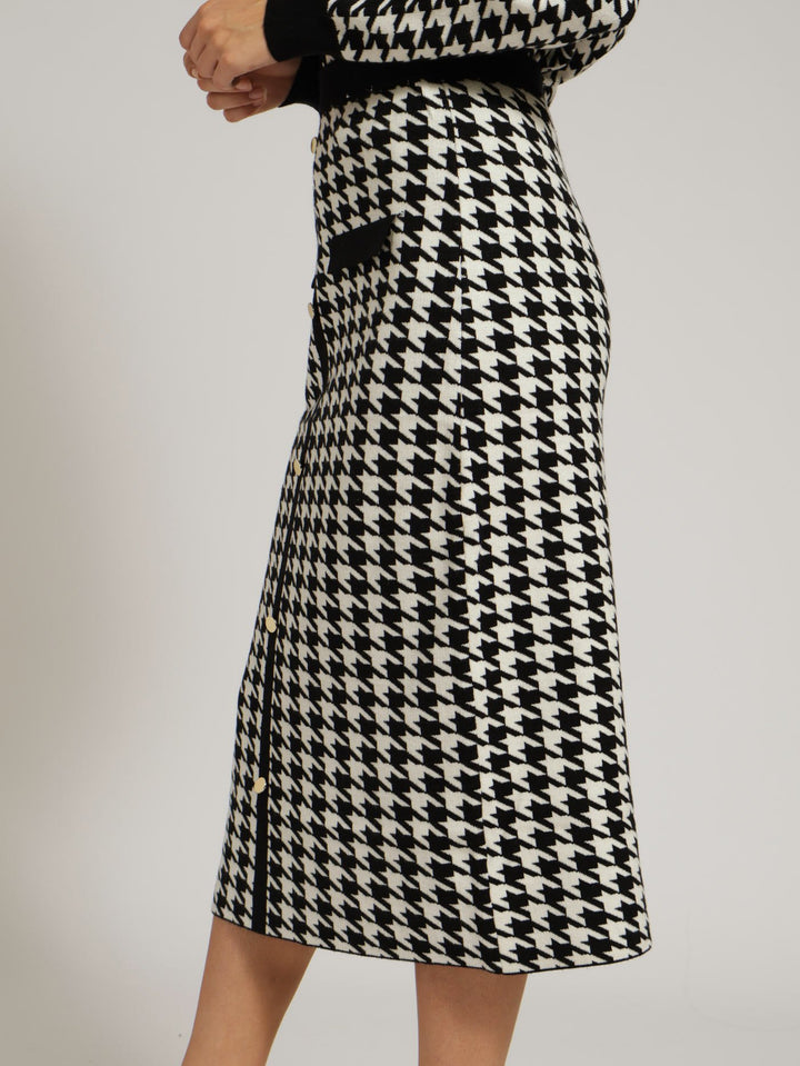 Houndstooth Knitwear Midi Skirt - Black/White