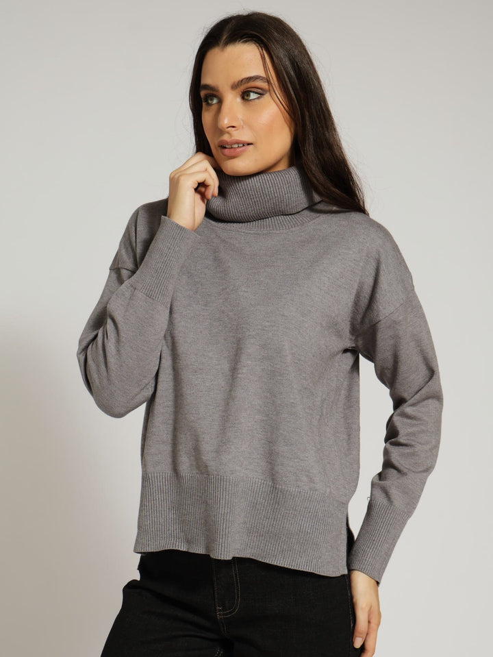 Cowl Neck Oversized Pullover With Side Slits - Grey Melange