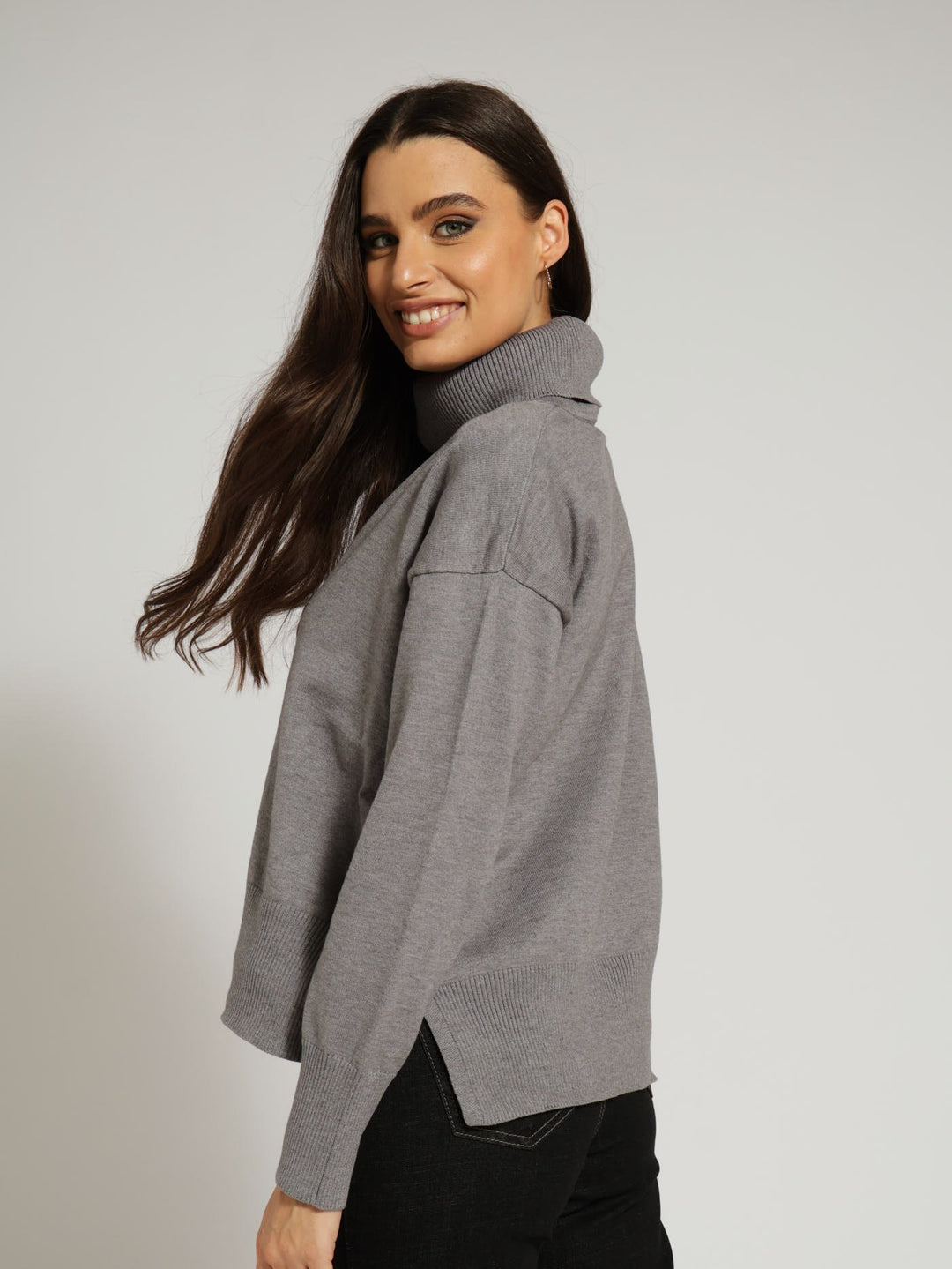 Cowl Neck Oversized Pullover With Side Slits - Grey Melange