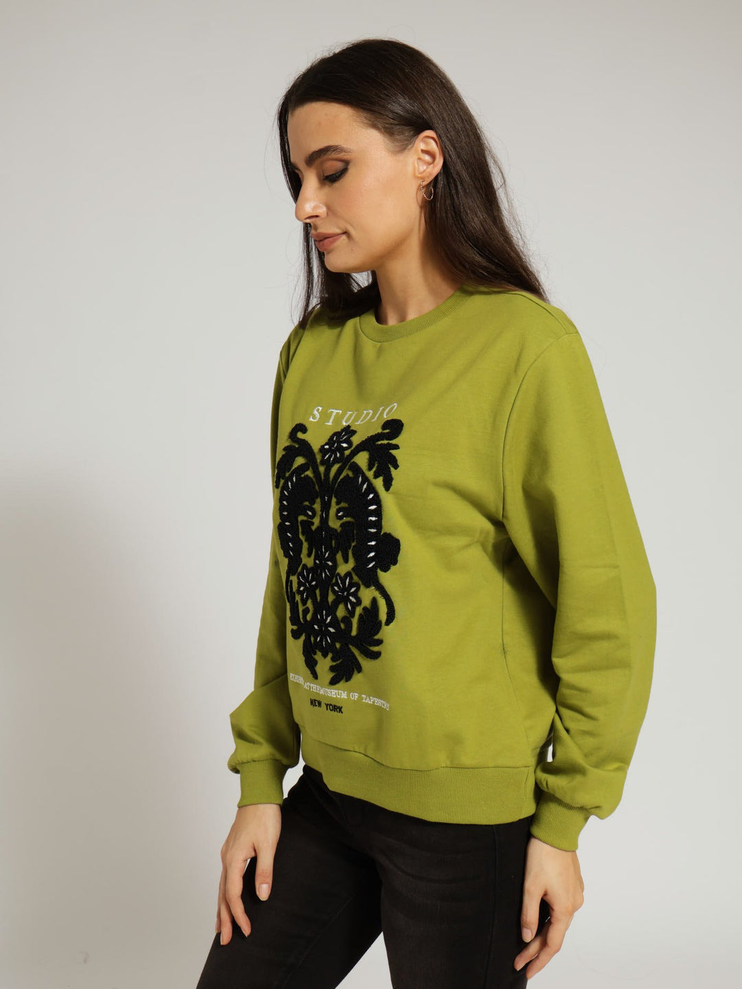 Fleece Top With Loop Embroidery Detail- Lime