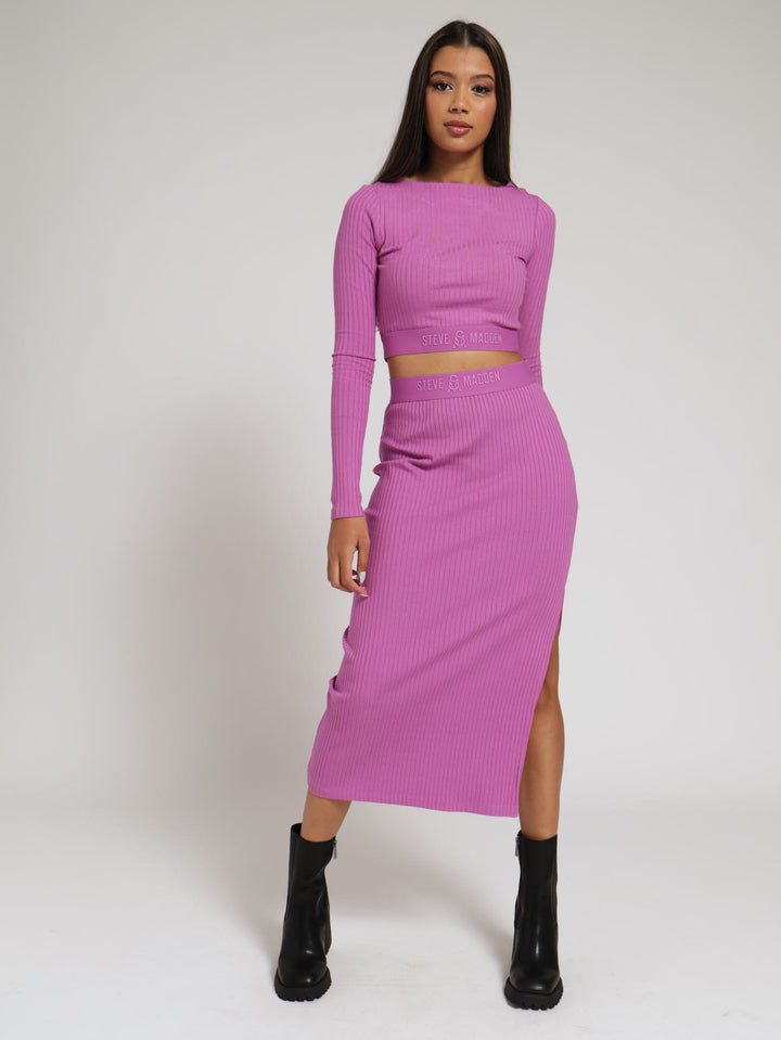 Elena High Waisted Rib Bodycon Midi Skirt - Pink