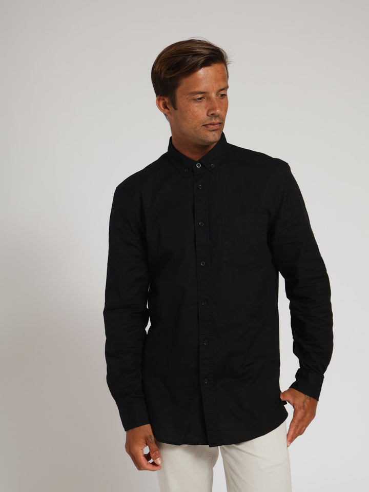 Long Sleeve Plain Oxford Shirt - Black