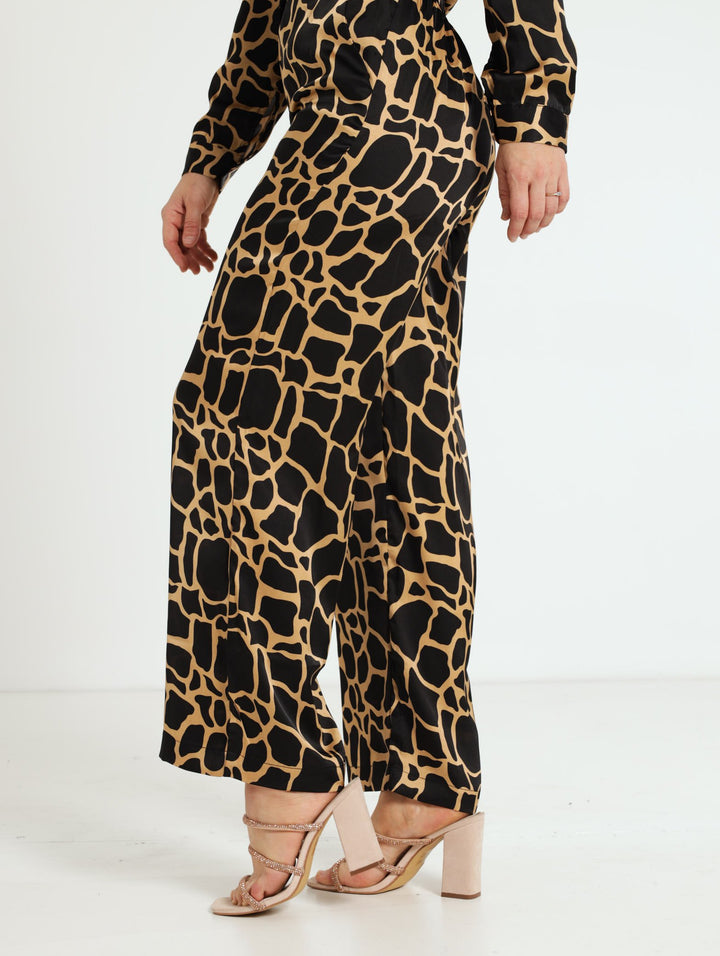 Satin Giraffe Print Wide Leg Pants - Black/Beige