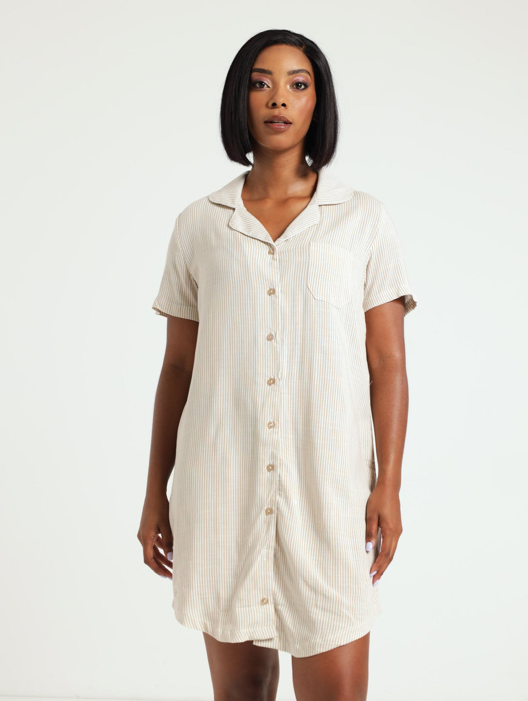 Stripe Button Through Linen Blend Sleepshirt - Brown/White