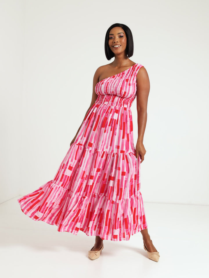 1 Shoulder Shirred Tiered Maxi Dress - Pink