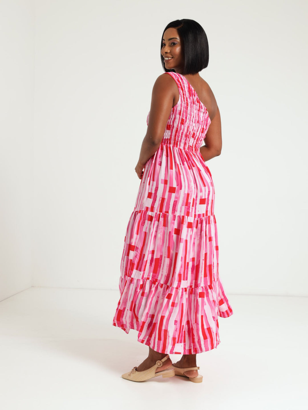 1 Shoulder Shirred Tiered Maxi Dress - Pink