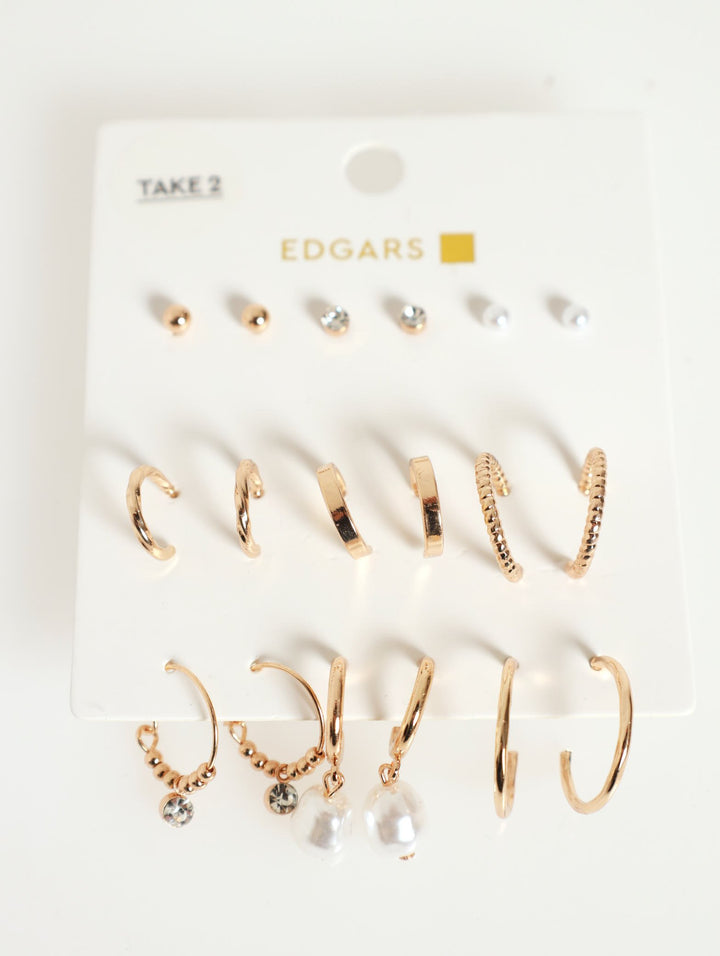 9 Pack Small Hoops & Studs Earrings - Gold