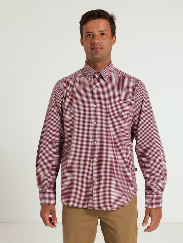 Long Sleeve Gingham Shirt - Burgundy