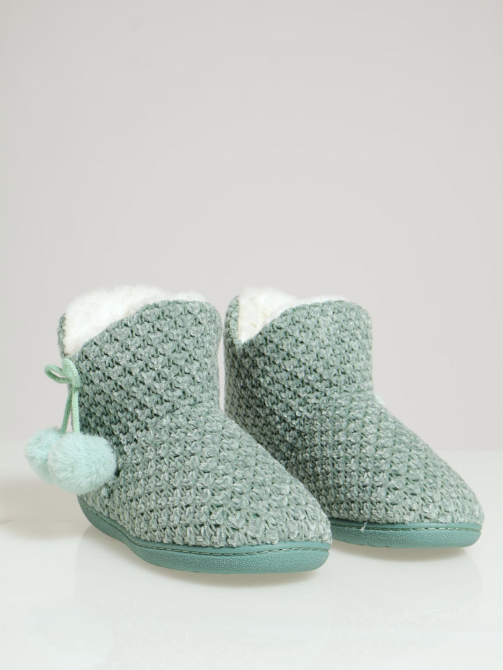 Cable Knit Slipper Bootie With Pompoms - Sage