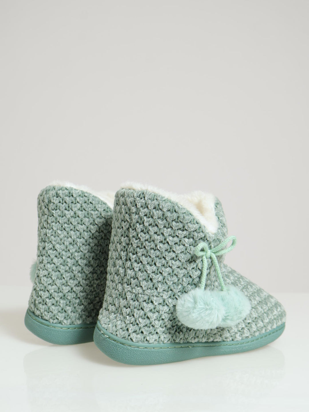 Cable Knit Slipper Bootie With Pompoms - Sage