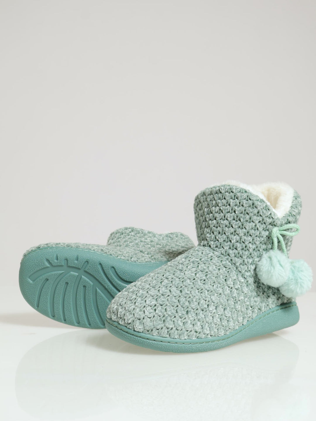 Cable Knit Slipper Bootie With Pompoms - Sage