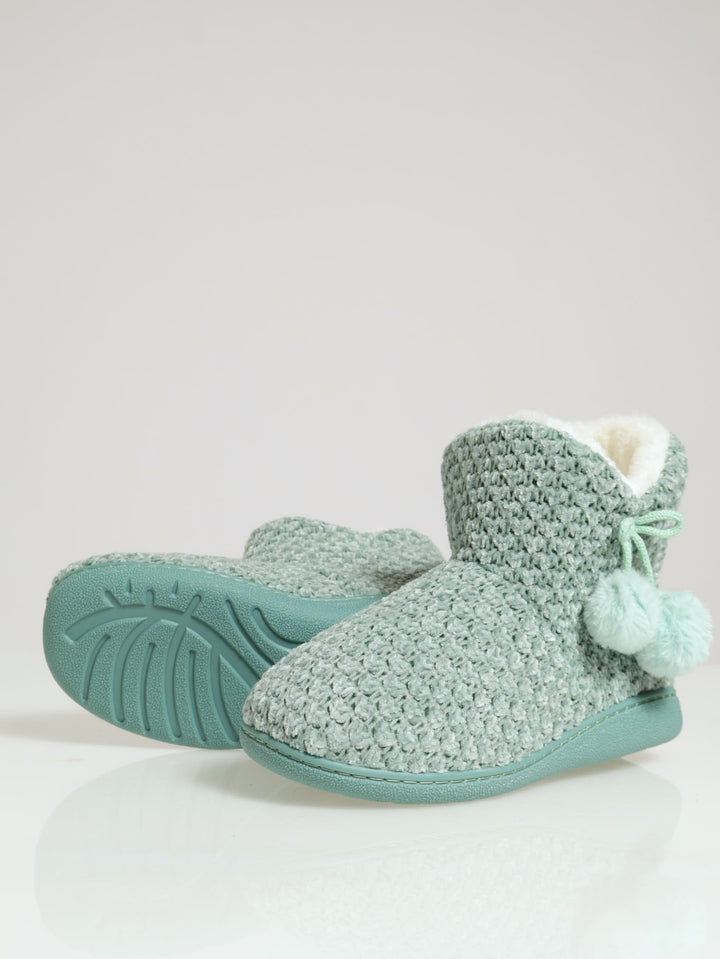 Cable Knit Slipper Bootie With Pompoms - Sage