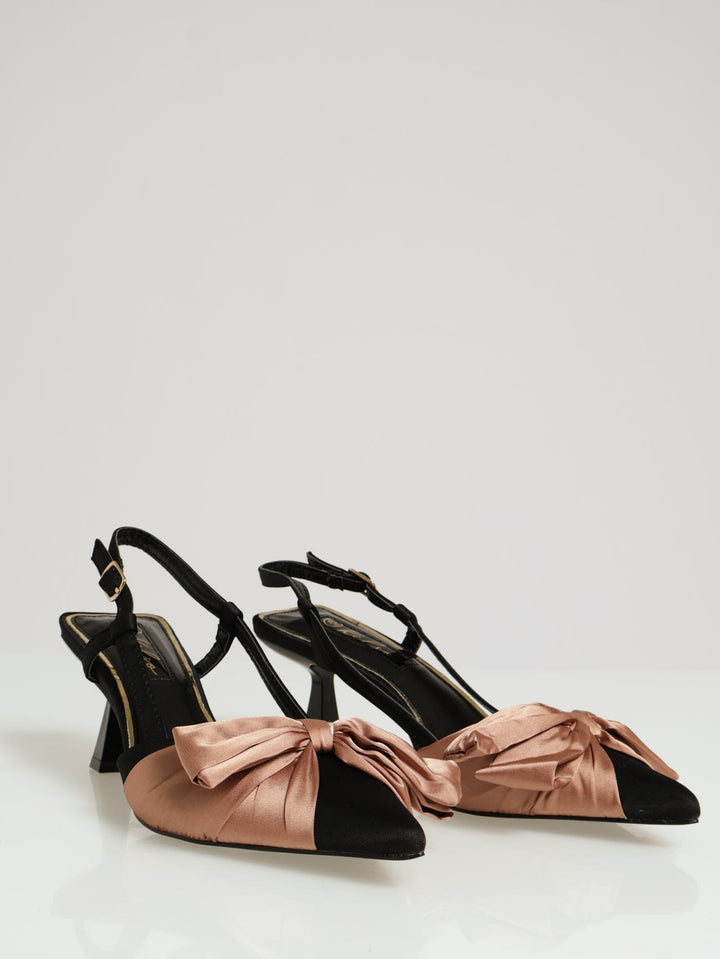 Contrast Bow Trim Pointy Slingback Heel - Black/Beige