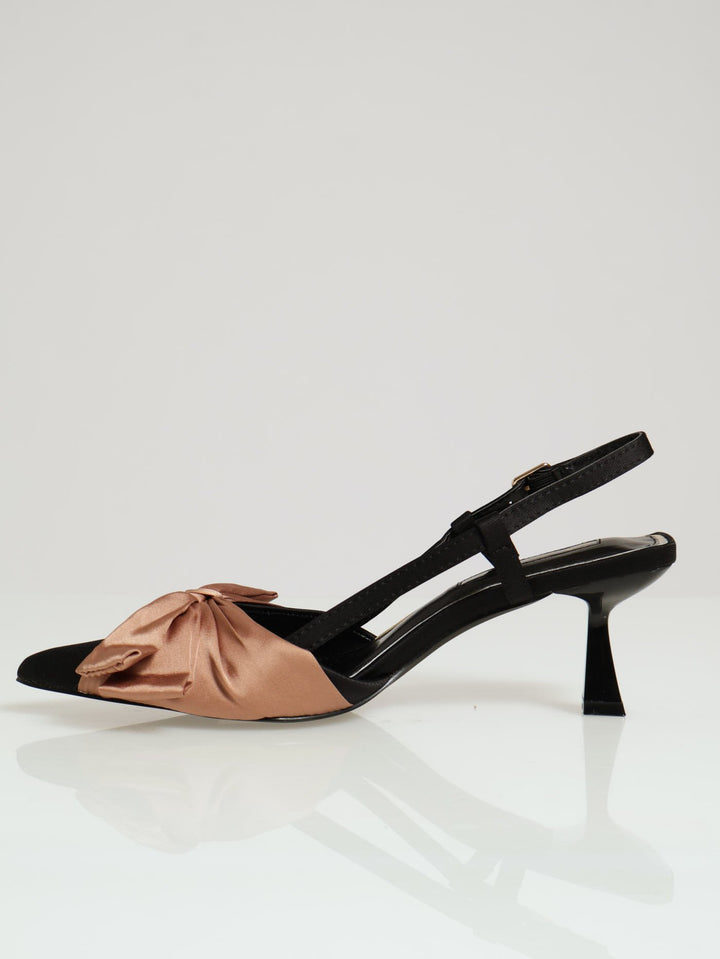 Contrast Bow Trim Pointy Slingback Heel - Black/Beige