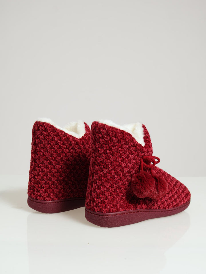 Cable Knit Slipper Bootie With Pompoms - Berry