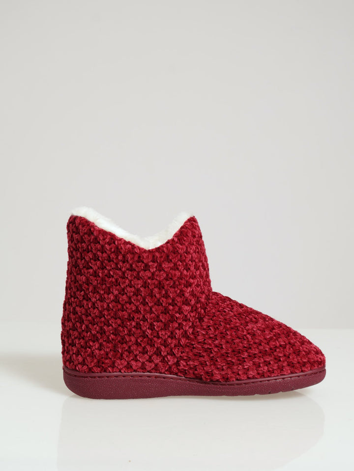 Cable Knit Slipper Bootie With Pompoms - Berry