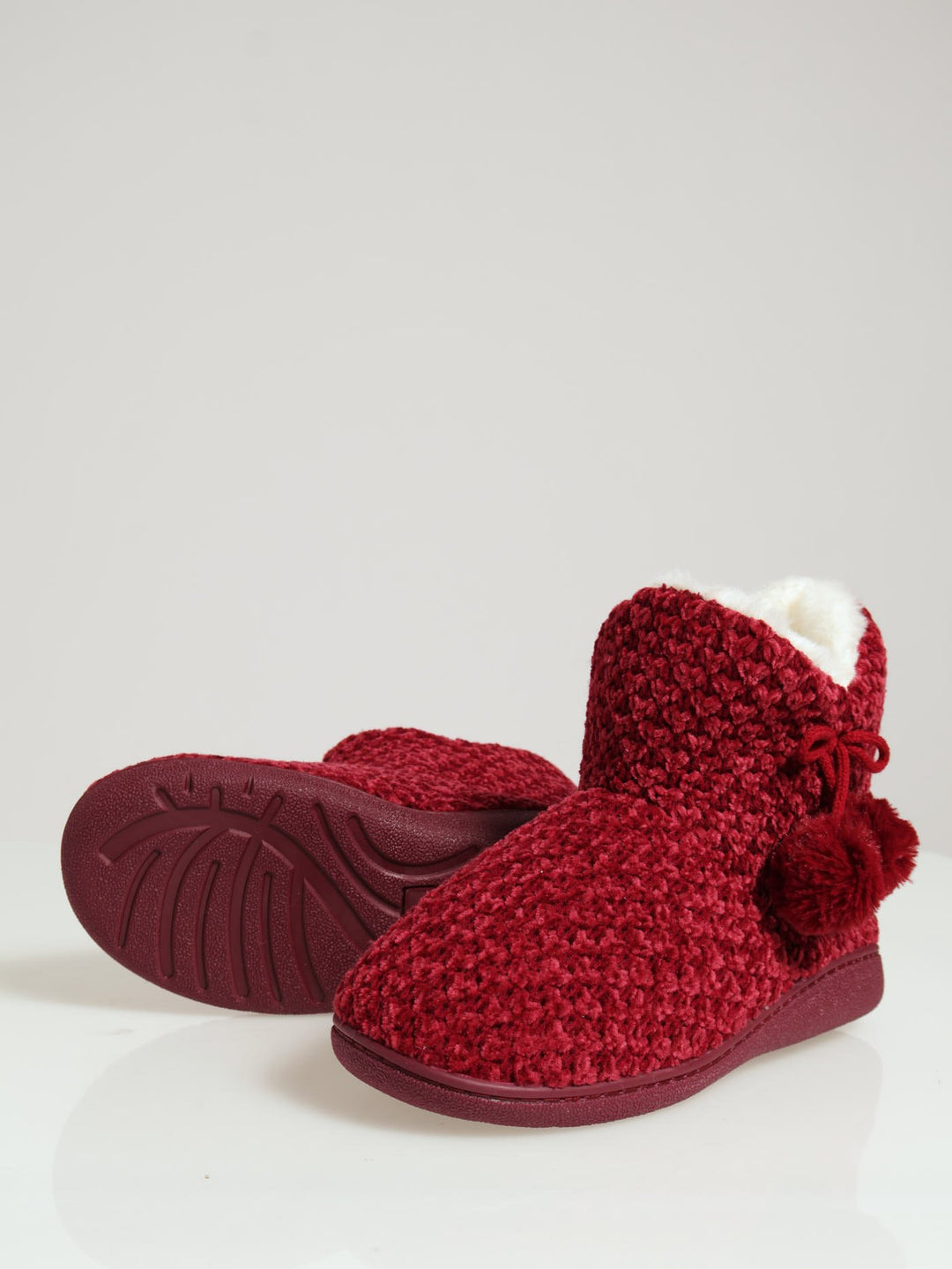 Cable Knit Slipper Bootie With Pompoms - Berry