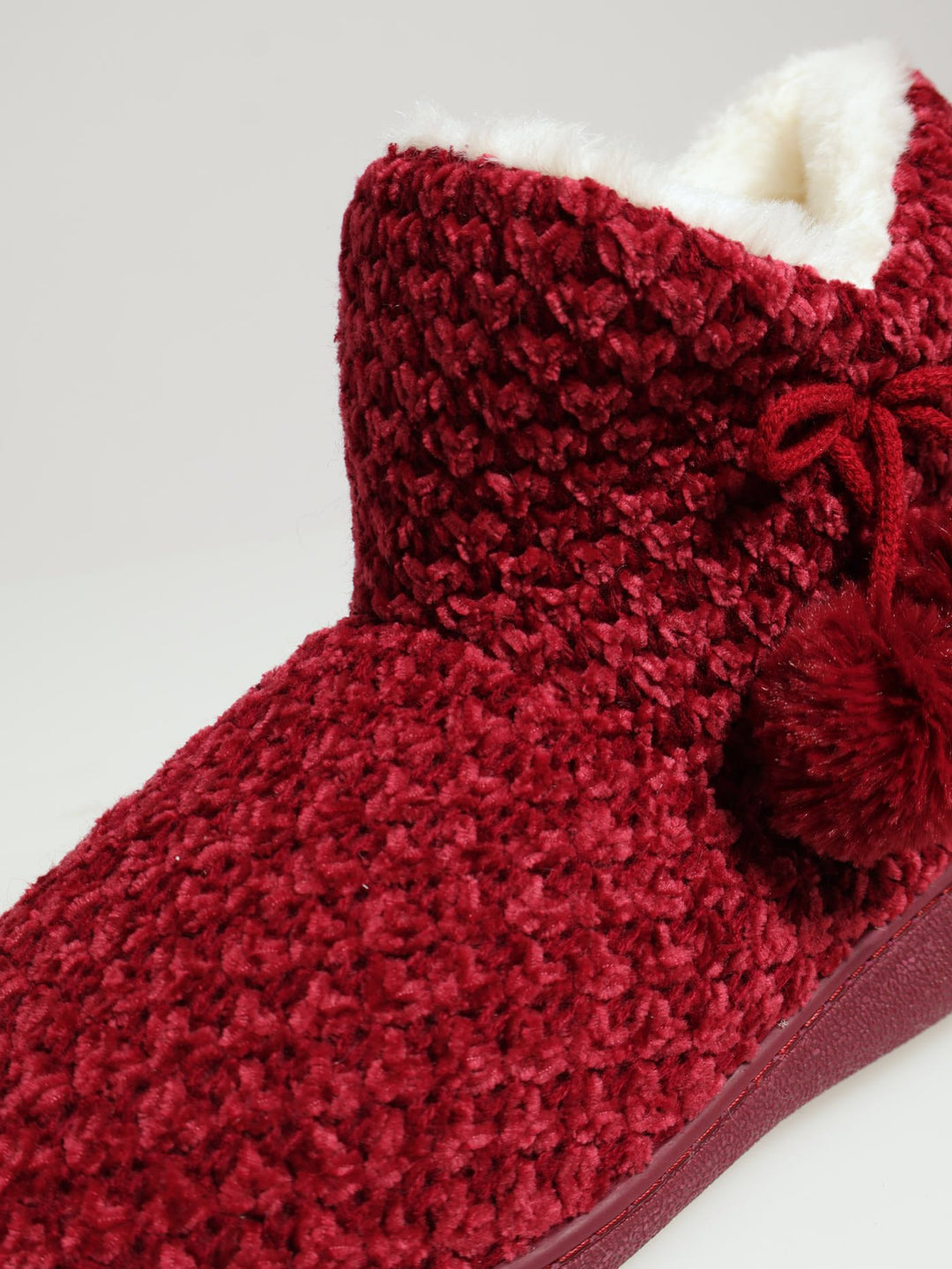 Cable Knit Slipper Bootie With Pompoms - Berry