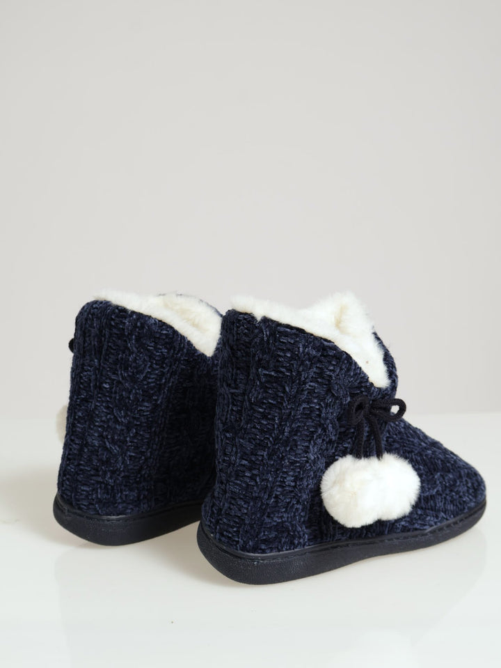 Cable Knit Slipper Bootie With Pompoms - Navy