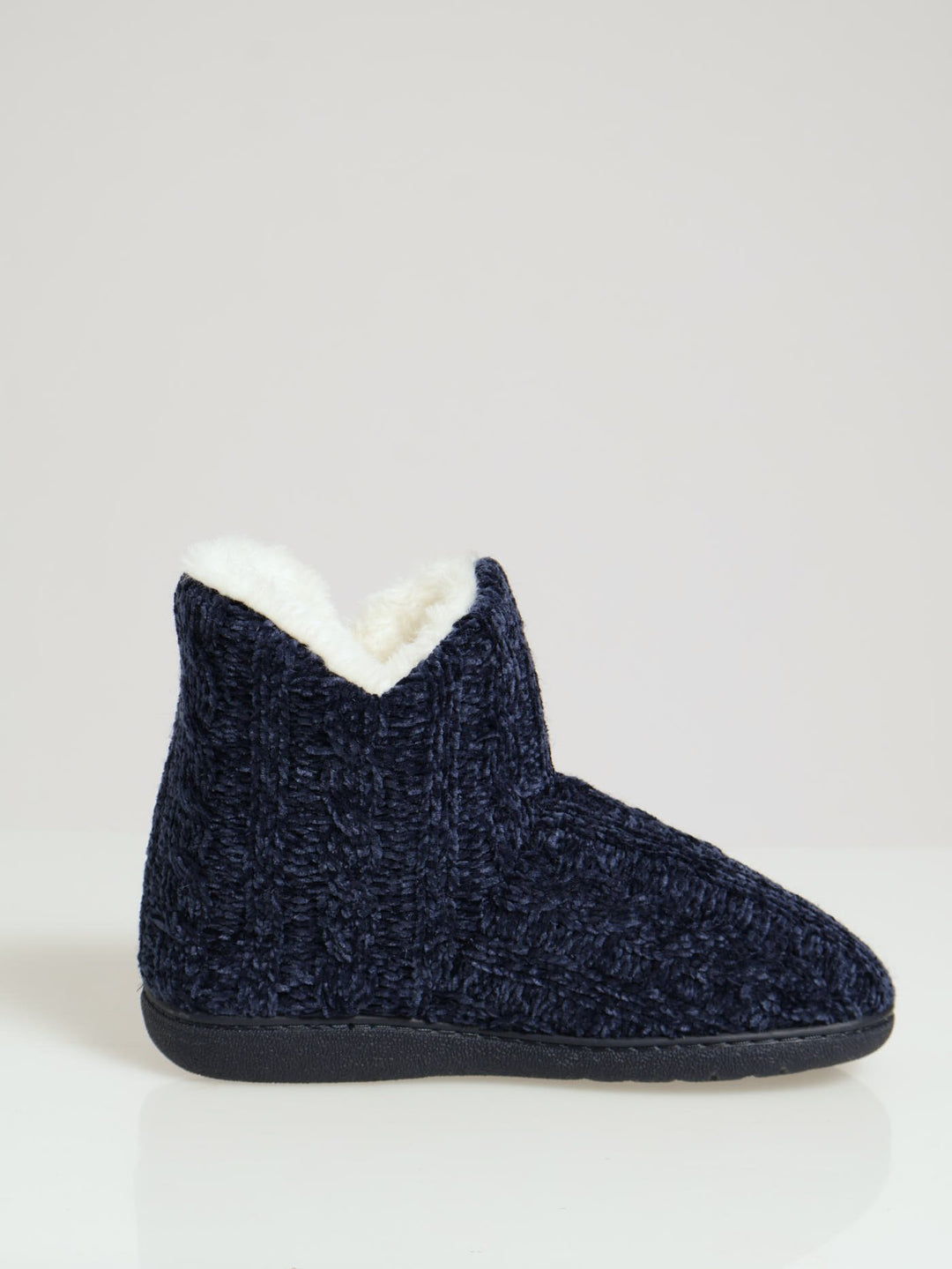 Cable Knit Slipper Bootie With Pompoms - Navy