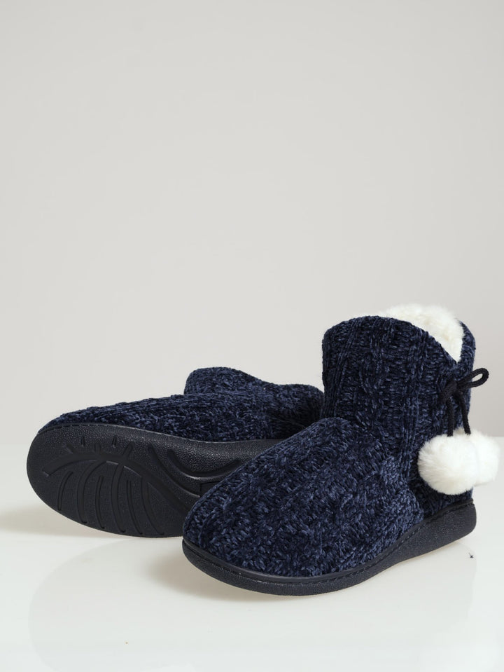 Cable Knit Slipper Bootie With Pompoms - Navy